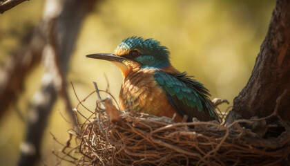 Fototapeta premium Vibrant bee eater perching on branch in African forest generated by AI
