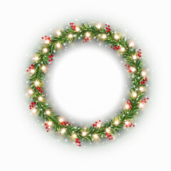 Christmas tree round border with green fir branches, red berries and gold lights isolated on white background. Pine, xmas evergreen plants circle frame . Vector ring string garland decor - obrazy, fototapety, plakaty
