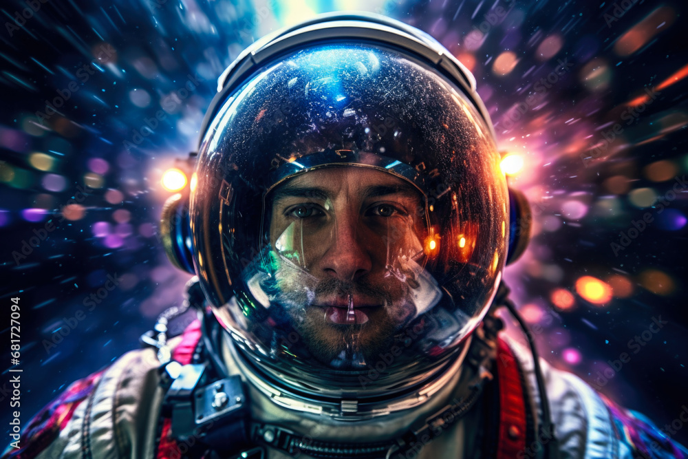 Poster a close-up view of a person wearing a space suit. this image can be used to depict an astronaut, spa