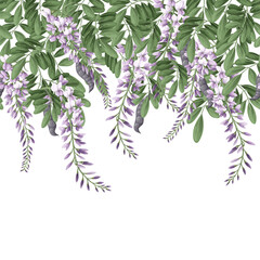 Border with acacia flowers and leaves. Vector.