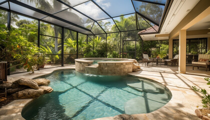 Fototapeta na wymiar Modern architecture blends with nature in luxurious tropical swimming pool generated by AI