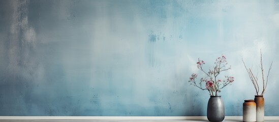 The abstract vintage design on the textured white wall transformed the interior into an artful space, with a painted grunge blue color providing a striking contrast. The textured wallpaper added an