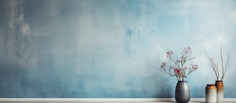 The abstract vintage design on the textured white wall transformed the interior into an artful space, with a painted grunge blue color providing a striking contrast. The textured wallpaper added an