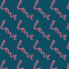 doodle pattern with the word love in pink color on a blue background