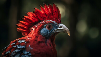 Majestic rooster with multi colored feathers looking at camera outdoors generated by AI