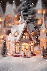 A small Christmas village with a beautifully lit up house. Perfect for holiday-themed designs and festive decorations