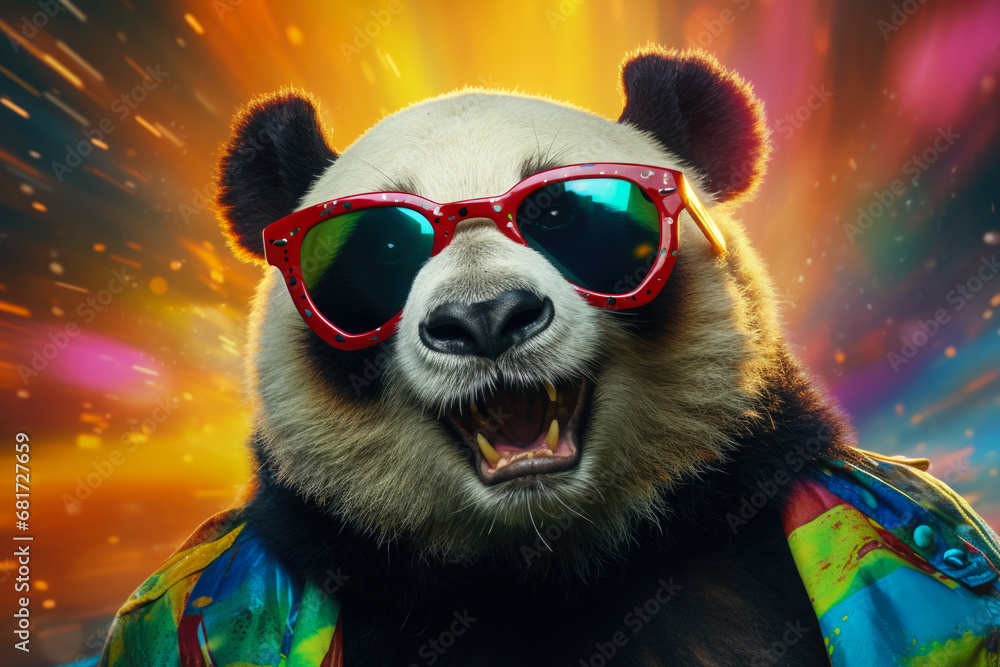 Poster a picture of a panda bear wearing sunglasses and a jacket. this image can be used to depict a trendy