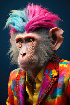 A picture of a monkey with vibrant, colorful hair wearing a jacket. This image can be used for various purposes, such as illustrating creativity, uniqueness, or even fashion with a playful twist.
