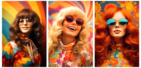 set of three blonde, brunette and red haired women wearing sunglasses. 1970s psychedelic retro style portraits. AI generated