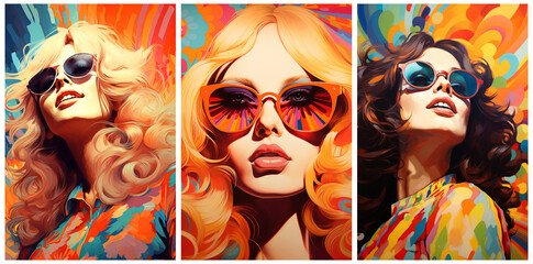 Fototapeta premium set of three women wearing sunglasses. 1970s psychedelic retro style illustration portraits. AI generated