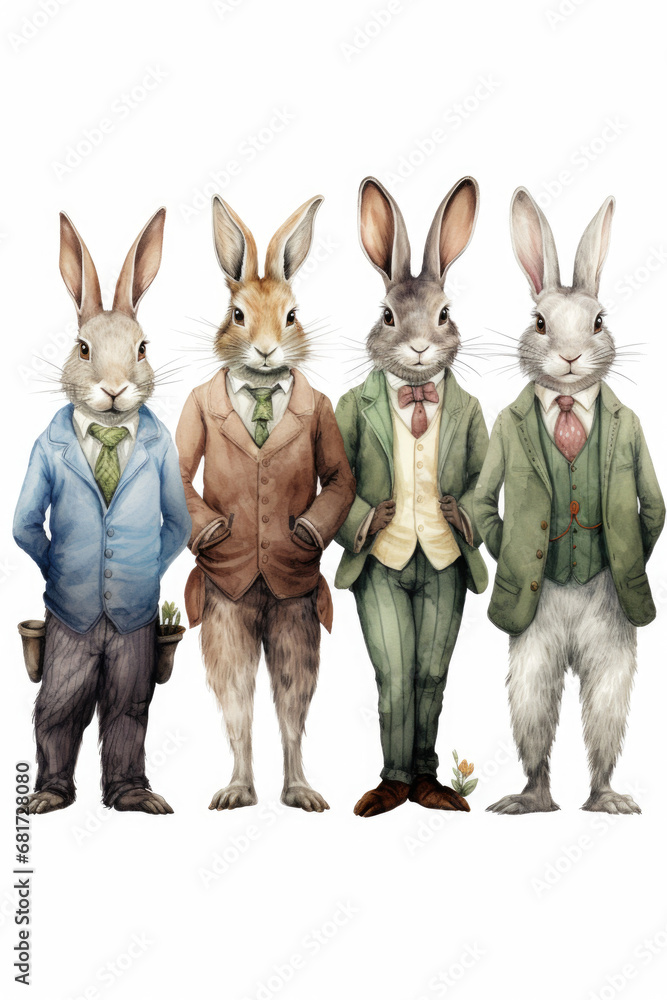 Poster A picture of a group of rabbits dressed in stylish suits and bow ties. This image can be used to add a touch of whimsy and charm to various design projects.