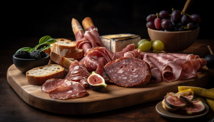 Gourmet appetizer plate prosciutto, salami, ciabatta, fig, melon, grape, smoked meat generated by AI