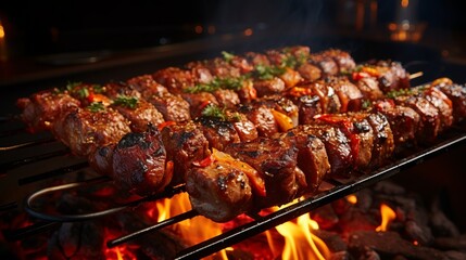 Delicious and succulent grilled meat skewers cooking