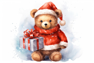A painting of a cute  bear wearing a Santa hat and holding a gift. Perfect for Christmas-themed designs and holiday greetings.