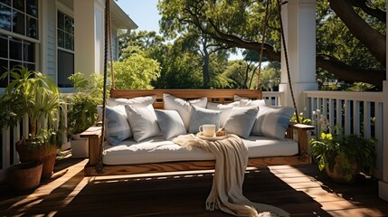 A porch swing at a newly constructed house under - obrazy, fototapety, plakaty