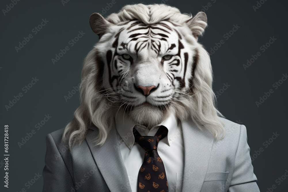 Poster a picture of a majestic white tiger dressed in a suit and tie. perfect for adding a touch of eleganc