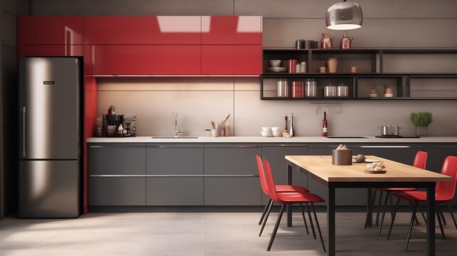 Modern kitchen with grey and red details. Spacious kitchen with fridge and table.