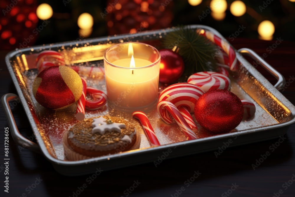 Poster a tray with a candle and some candy canes. this festive image is perfect for holiday-themed projects