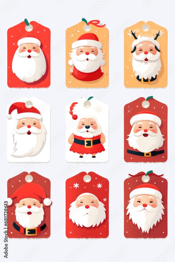 Sticker A set of Christmas tags featuring various Santa Claus faces. Perfect for adding a festive touch to your holiday gifts and decorations.