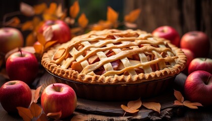 Delicious homemade apple pie with freshly picked apples on a rustic wooden background