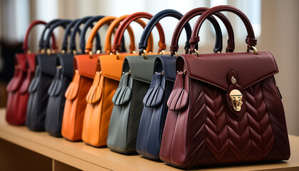 Fashionable leather bags in a row, elegance in a boutique generated by AI