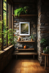 painting on a stone wall and wooden shelves and old vases