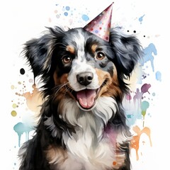 Fototapeta premium Happy birthday greeting card clip art watercolor illustration of Happy dog. Happy birthday dog greeting card illustration theme. For banners, posters, gift cads, advertising. AI generated.