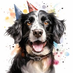 Watercolor illustration of Happy dog on greeting card clip art watercolor illustration, Holidays greeting card clipart watercolor illustration theme. For banners, posters, advertising. AI generated.