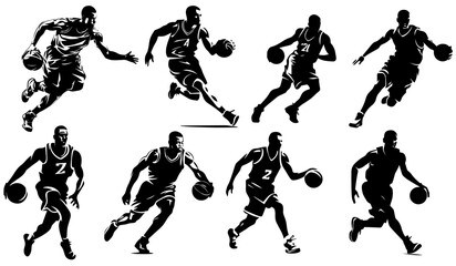 Set of vector silhouettes of basketball players - obrazy, fototapety, plakaty