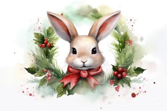 A beautiful watercolor painting of a rabbit surrounded by a wreath. Perfect for Easter-themed designs and nature-inspired projects