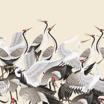 Border with dancing crenies and herons. Vector.