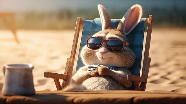 	
rabbit with glasses resting on a deckchair on the beach. Created with Generative AI.	
