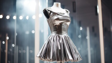 Silver dress with sparkles on a mannequin in a store.