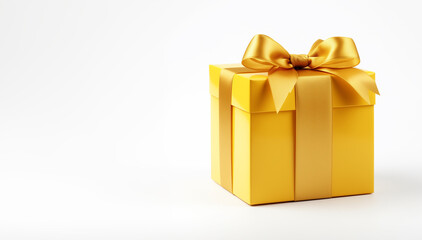 Yellow gift box with golden ribbon - copy space to the left - isolated white background