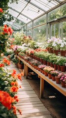 An image of a clean, modern greenhouse filled with rows of potted plants and flowers - obrazy, fototapety, plakaty