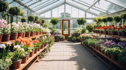 Fototapeta na wymiar An image of a clean, modern greenhouse filled with rows of potted plants and flowers