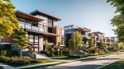 Fototapeta na wymiar Experience modern living! Panoramic view of a parkside with a new row of three-story single-family houses. Modern urban residential design with side private spaces.