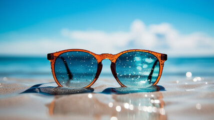 Fototapeta na wymiar sunglasses on the sand beach