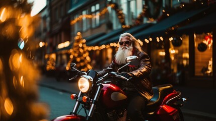 Modern Santa in sunglasses on motorcycle on Christmas holiday street. Concept of a vehicle and...