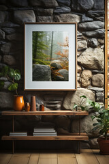 Fototapeta na wymiar painting on a stone wall and wooden shelves and old vases
