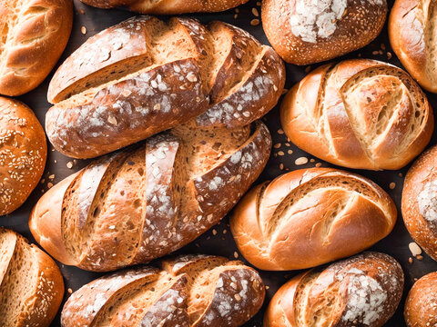 Freshly baked bread with sesame seeds on a dark background.