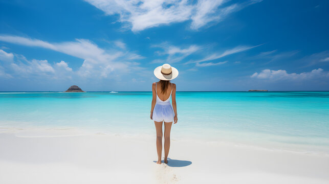 Woman looking at turquoise ocean water	