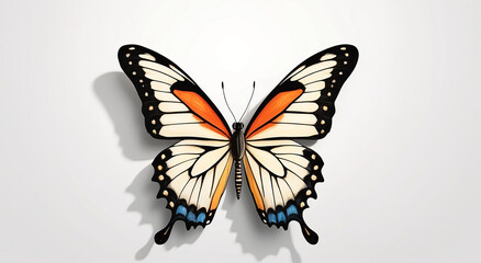 Fototapeta na wymiar A butterfly hanging on a wall, side view, illustration style, drop shadow, white background - AI Generative