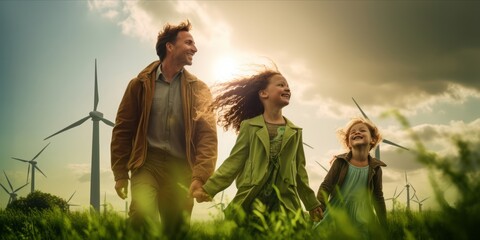 Happy Family and Child Embrace Within Windmills on a Green Meadow, Advocating Environmental Awareness and Sustainable Living