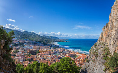 Fototapeta na wymiar The coast of Cefalu in Sicily, Italy on a beautiful sunny day