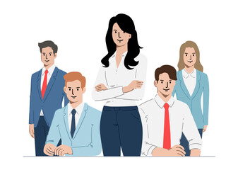 Business people standing together with team leader on the center. Vector illustration.