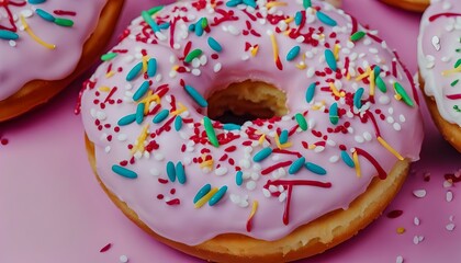 Frosted sprinkled donuts. Set of multicolored doughnuts with sprinkles, Various colourful donuts, glazed donuts on pink background.