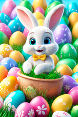 Fototapeta na wymiar Easter greeting card. Bunny, colourful eggs and flowers, 3d render modern illuatration.