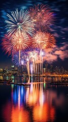 As the clock strikes midnight, fireworks illuminate the night sky, painting it with bursts of color