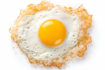 Perfectly cooked fried egg on white background, top view, isolated, appetizingly golden - obrazy, fototapety, plakaty